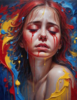 The primary subject of the image is a woman with red hair, who is the main focus of the scene. She is depicted with a mix of colors, including red, yellow, and blue, which create a vibrant and lively atmosphere. The setting is a painting, and the visual style is a combination of digital art and illustration. The woman's expression and the overall composition of the painting evoke a sense of emotion and beauty.